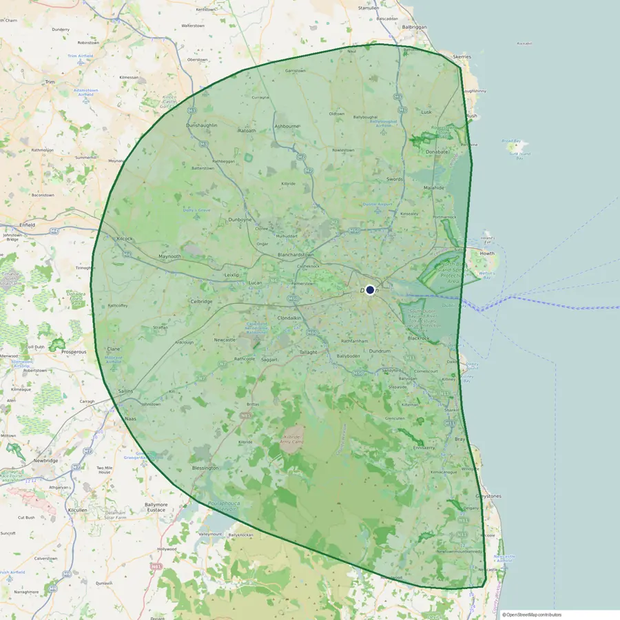 Map of the service area: everywhere within about 20 km of the M50, shaded