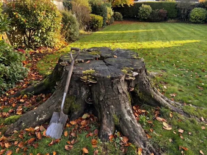 Very large tree stump with buttress roots and a tape measure across the top