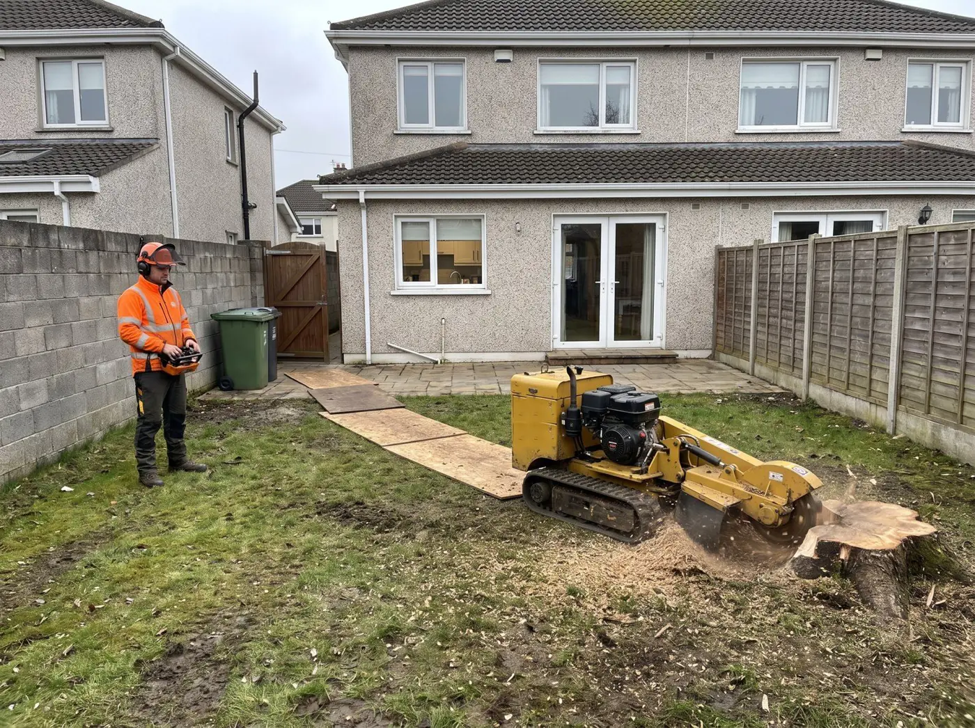 Tracked stump grinder working on a stump in a Dublin back garden, operator using the remote by the side wall
